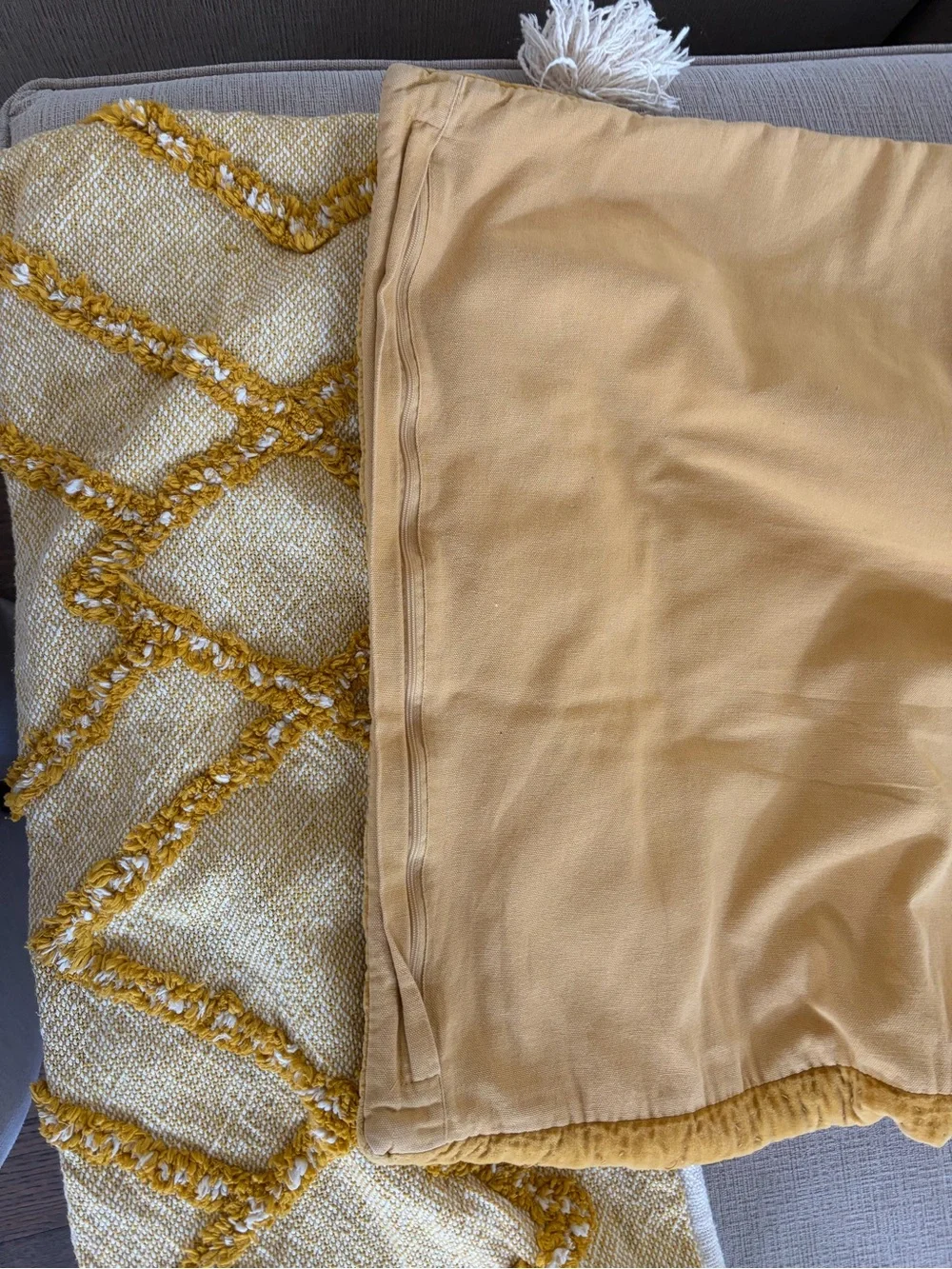 3 pillow. 2 Yellow velvet with Textured Diamond Accent and  one Lumbar pillow